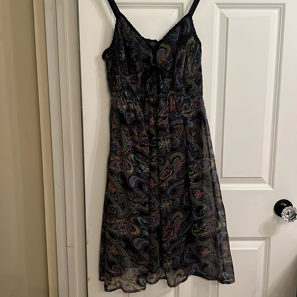 Black Paisley Midi Dress with Spaghetti Straps and Smocked Bodice